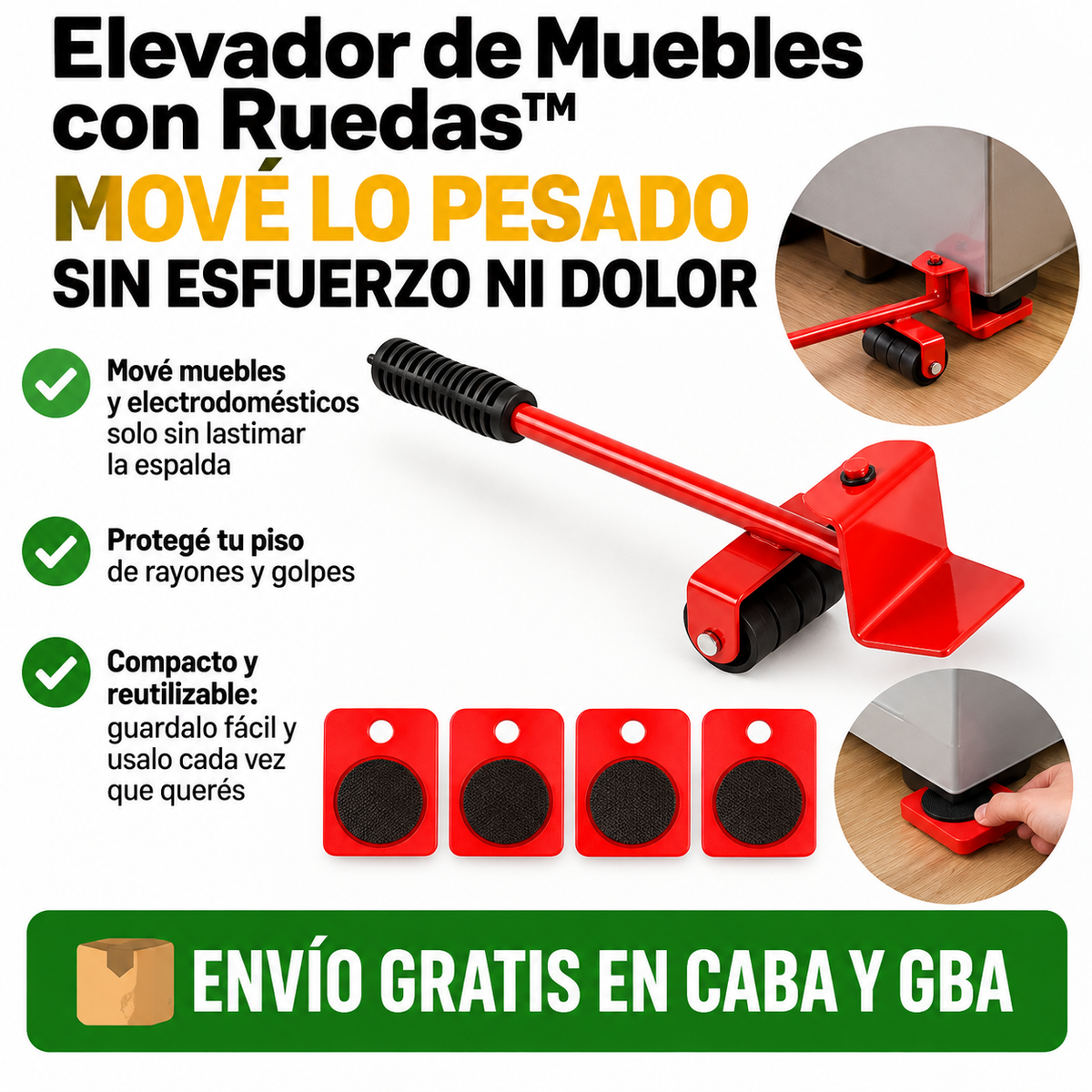 Elevador de Muebles con Ruedas™ – Mové lo pesado sin esfuerzo ni dolor