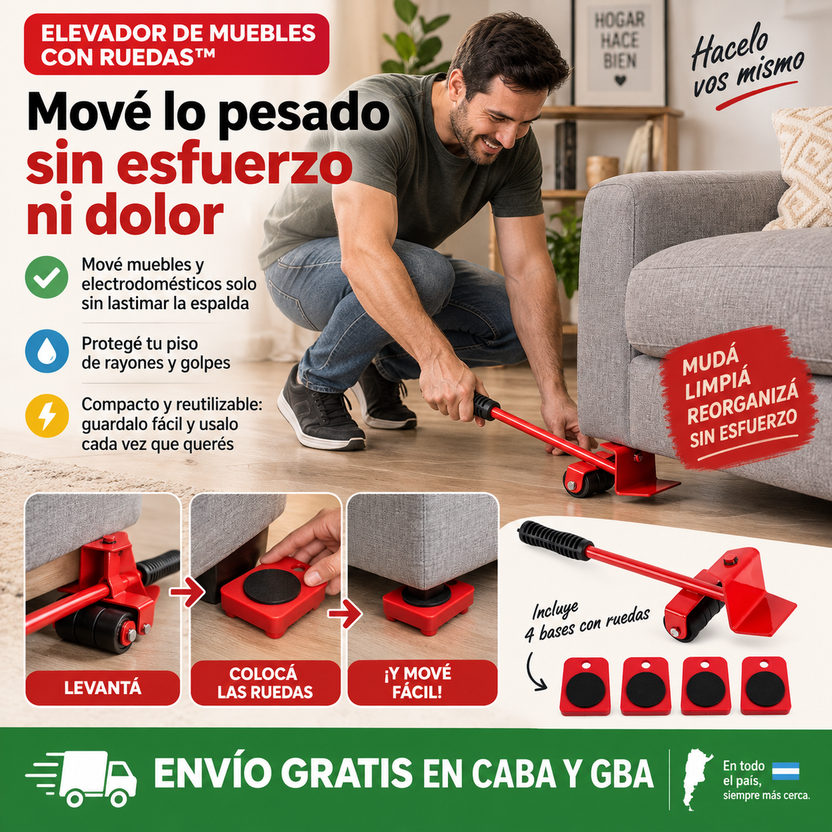 Elevador de Muebles con Ruedas™ – Mové lo pesado sin esfuerzo ni dolor