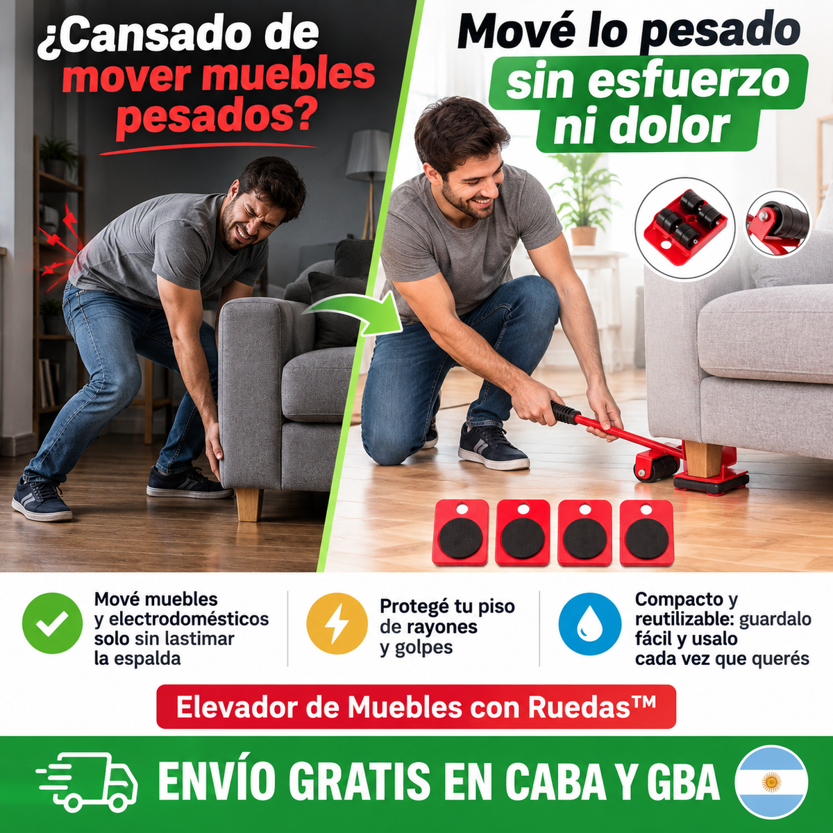 Elevador de Muebles con Ruedas™ – Mové lo pesado sin esfuerzo ni dolor