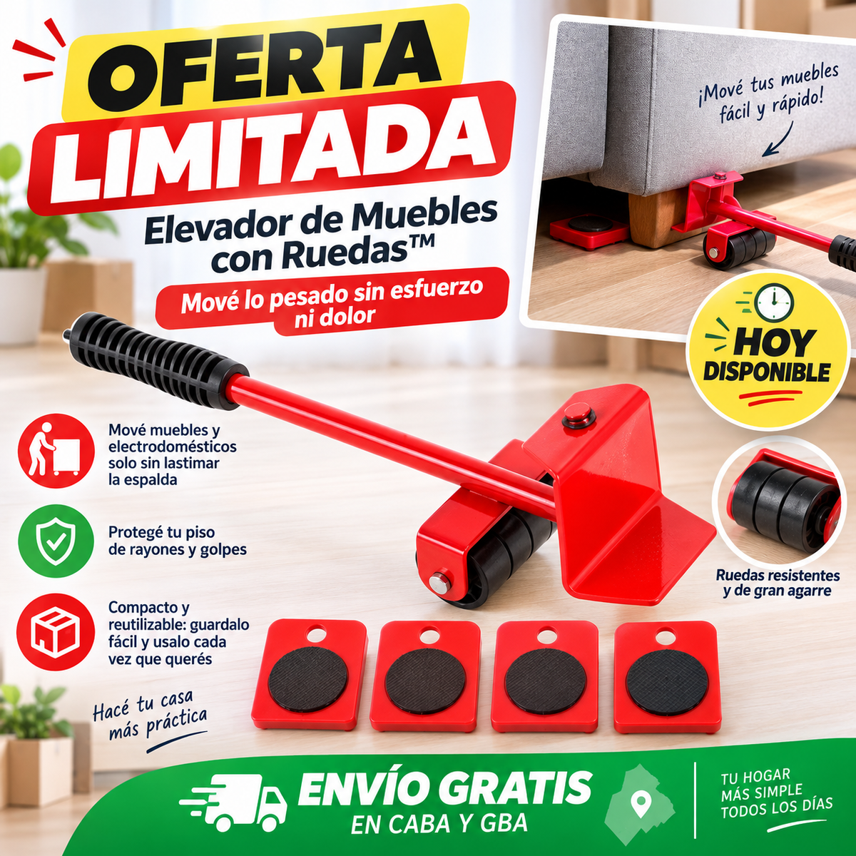 Elevador de Muebles con Ruedas™ – Mové lo pesado sin esfuerzo ni dolor